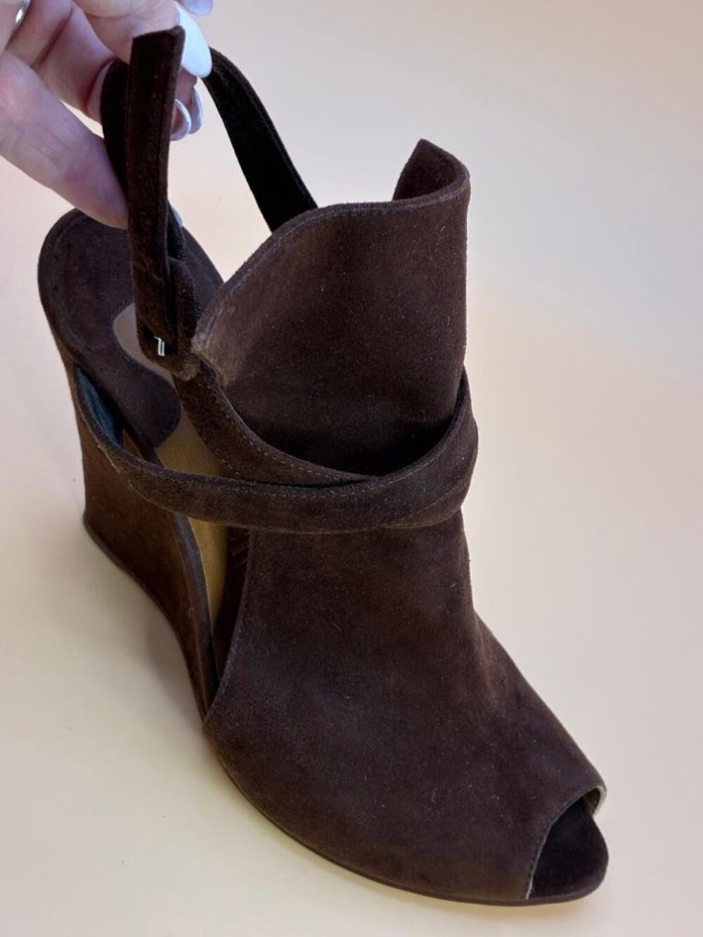 CHLOE Brown Suede Ankle Cuff Peep Toe Wedge Heel Shoes Ankle Straps EU 35 US 5